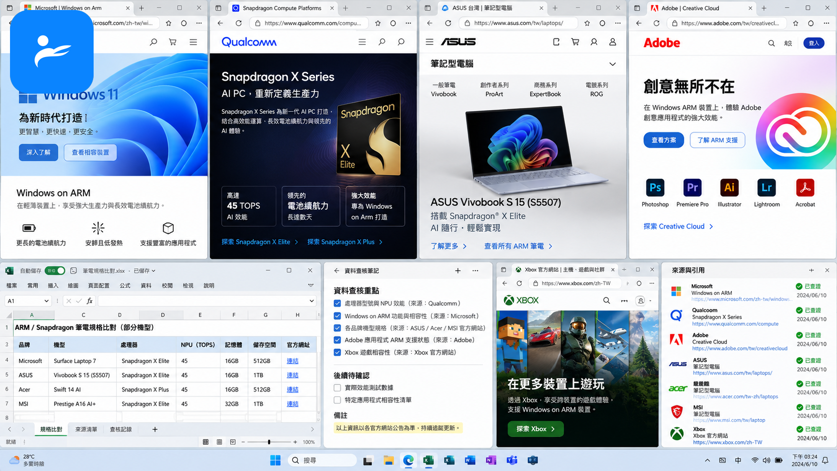 Windows ARM 筆電資料查核畫面，包含 Microsoft、Qualcomm、Adobe、Xbox 與台灣品牌官方網站