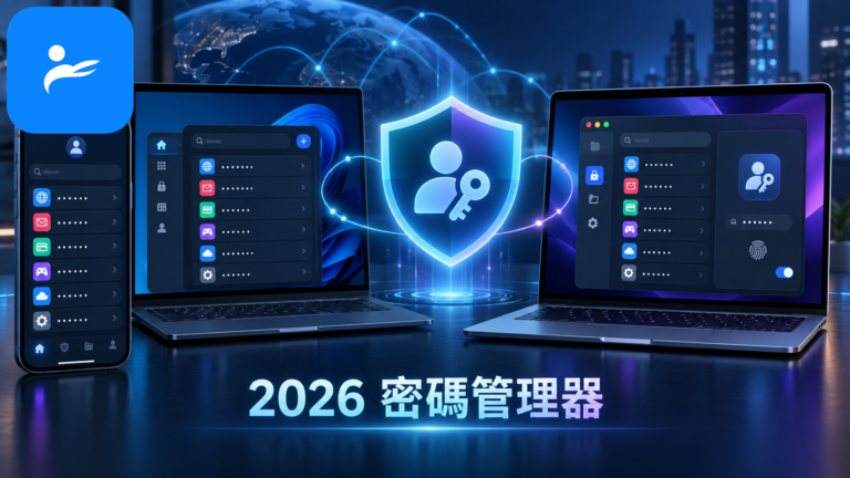 手機、Windows 筆電與 Mac 並排顯示不同密碼管理 App，畫面中央有盾牌與 Passkey 圖示