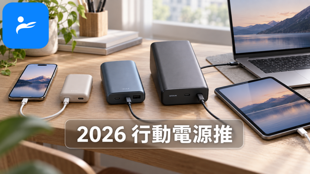 桌面上擺放不同容量與瓦數的行動電源，旁邊有手機、平板與筆電，呈現選購比較情境