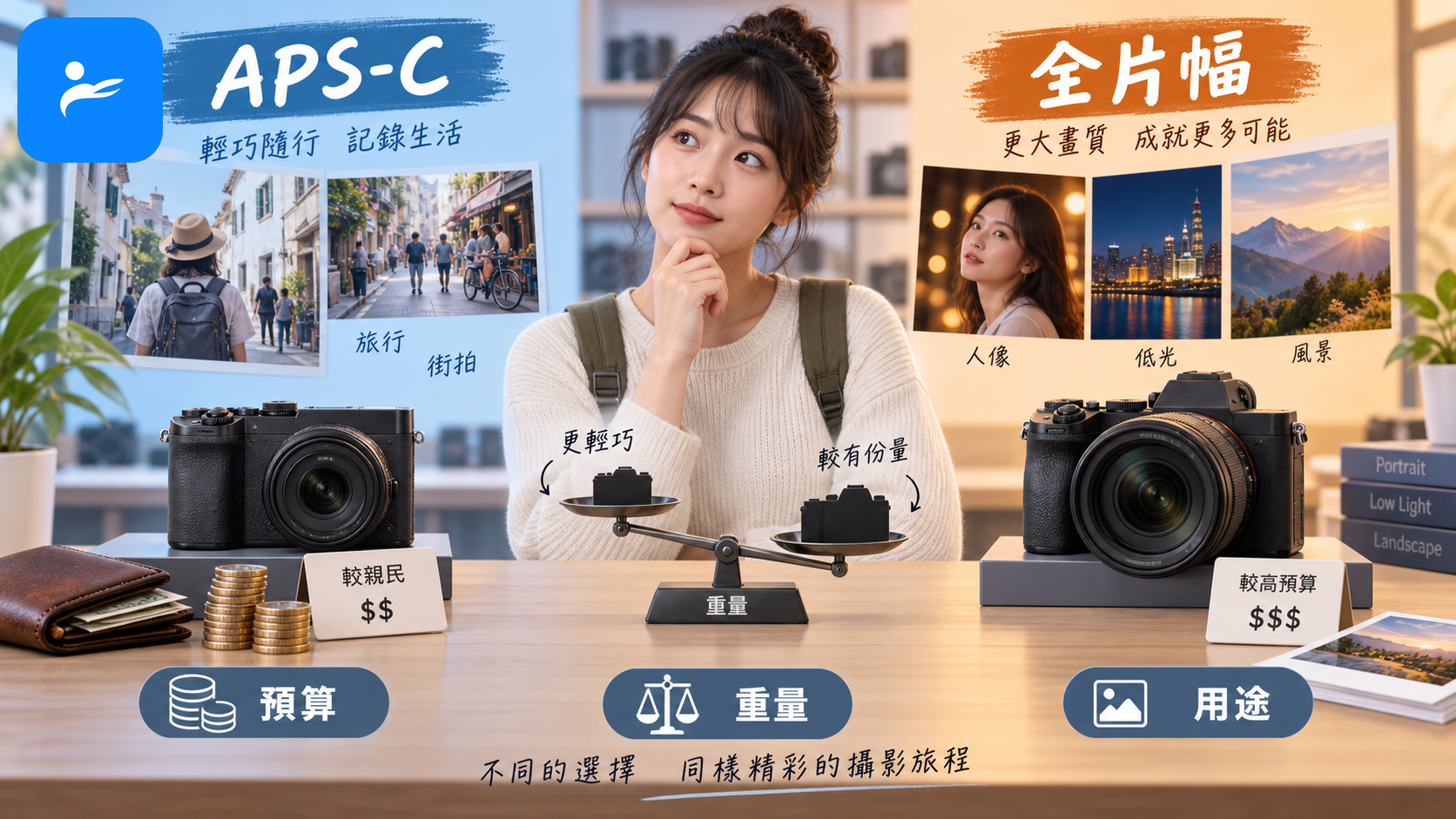 新手站在 APS-C 與全片幅相機前比較預算、重量與拍攝用途