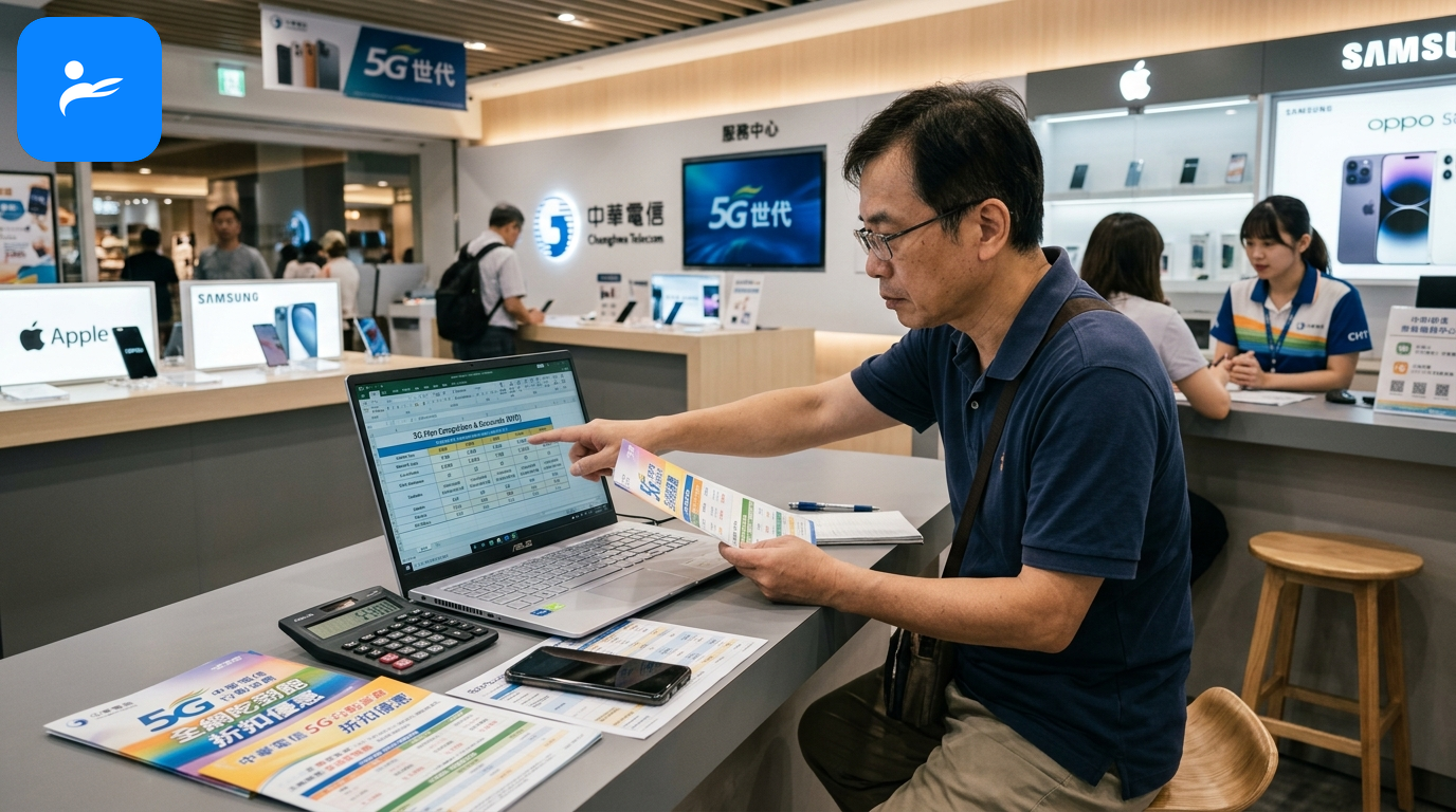 台灣消費者在通訊門市與筆記型電腦前仔細計算購機折扣與合約總花費