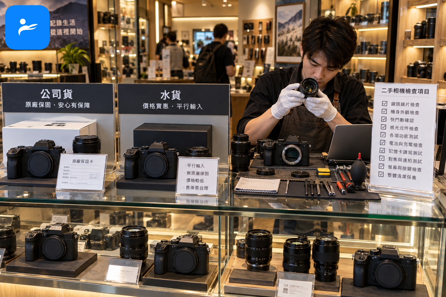 台灣相機門市櫃台展示公司貨保固卡、水貨與二手相機檢查項目