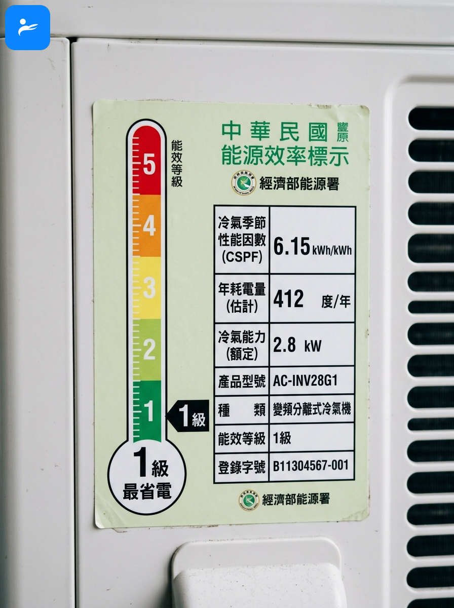 台灣經濟部能源署能源效率一級標示特寫,清楚標出 CSPF 數值、年耗電度數與溫度計圖形等級