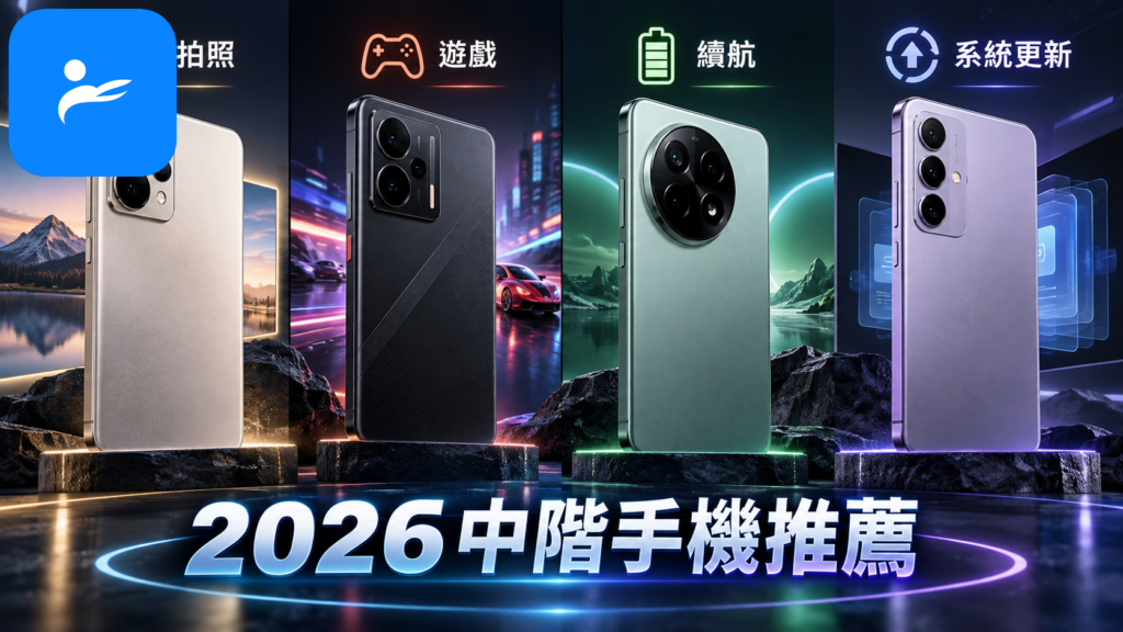 四款2026年萬元中階手機並排,旁邊標示拍照、遊戲、續航與系統更新四種需求