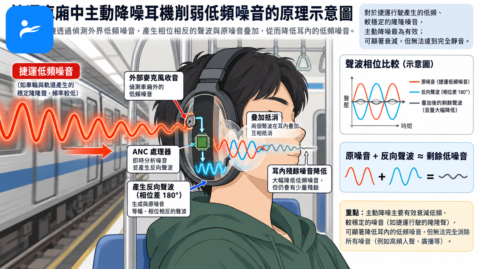 捷運車廂中主動降噪耳機削弱低頻噪音的原理示意圖