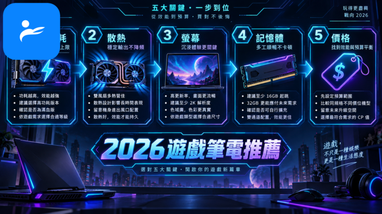 2026 年遊戲筆電選購流程圖，依序檢查顯卡功耗、散熱、螢幕、記憶體與價格