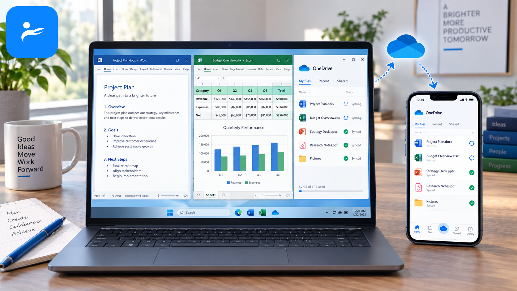 Windows 筆電開啟 Word、Excel 與 OneDrive,同步工作文件到手機