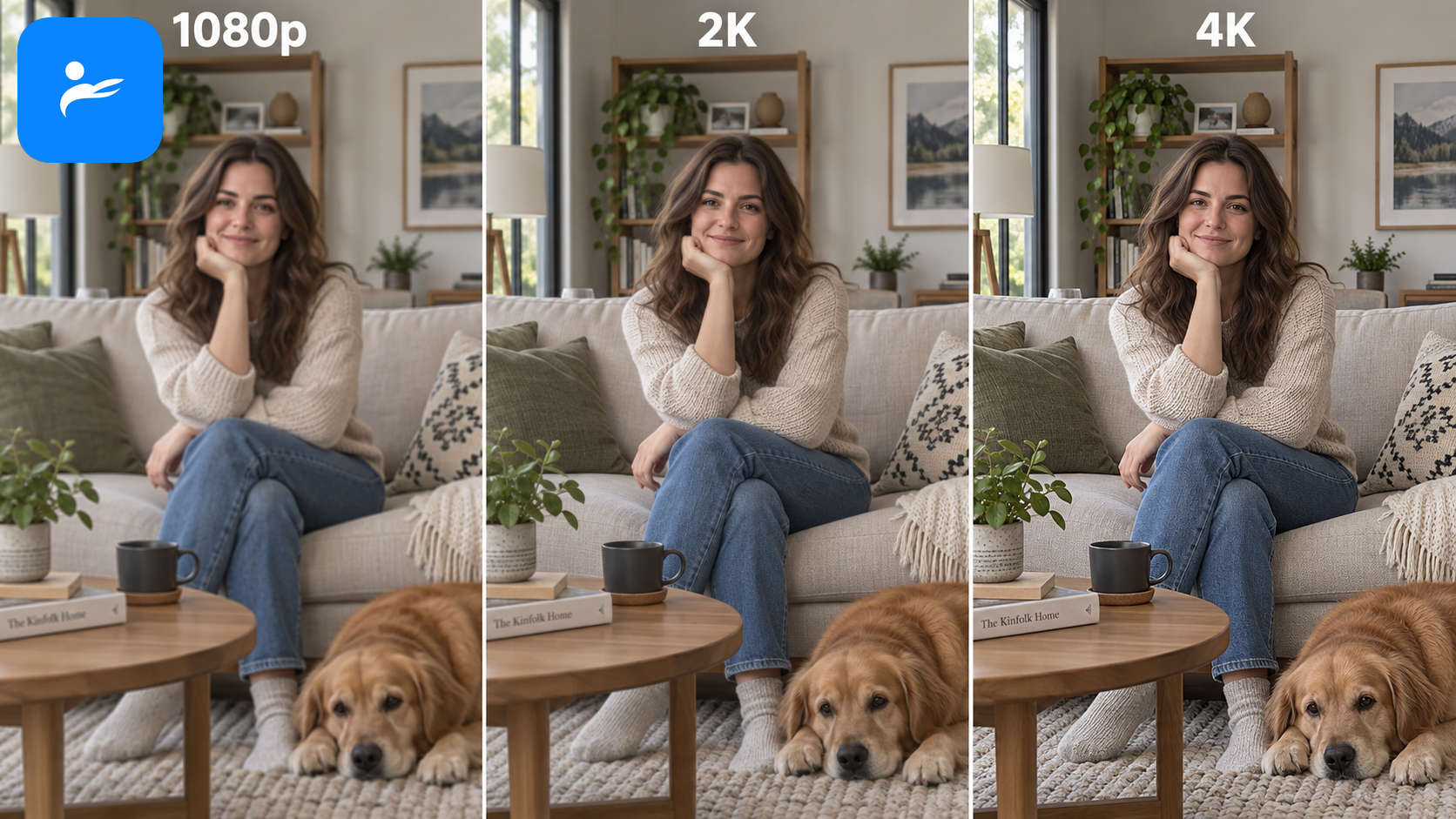 同一個客廳畫面以 1080p、2K、4K 三種解析度並排比較人物細節