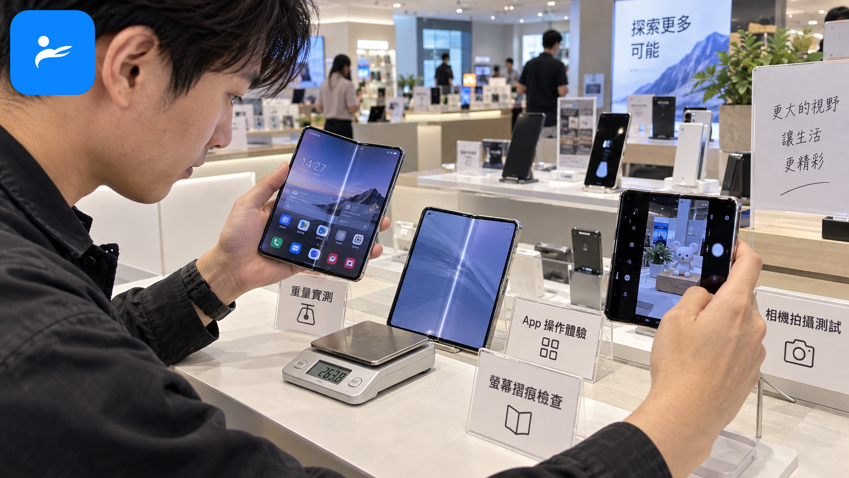 消費者在台灣手機門市逐項測試摺疊手機重量、摺痕、App 與相機