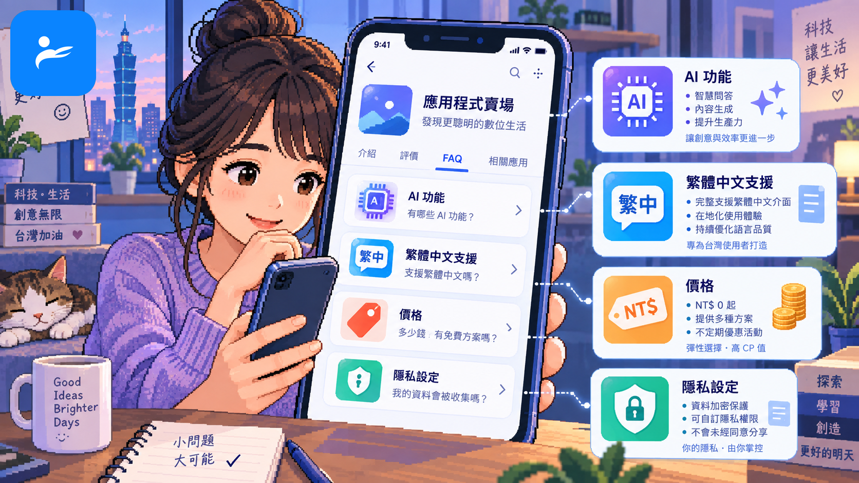 消費者在手機賣場查看 AI 功能、繁體中文支援、價格與隱私設定的常見問題