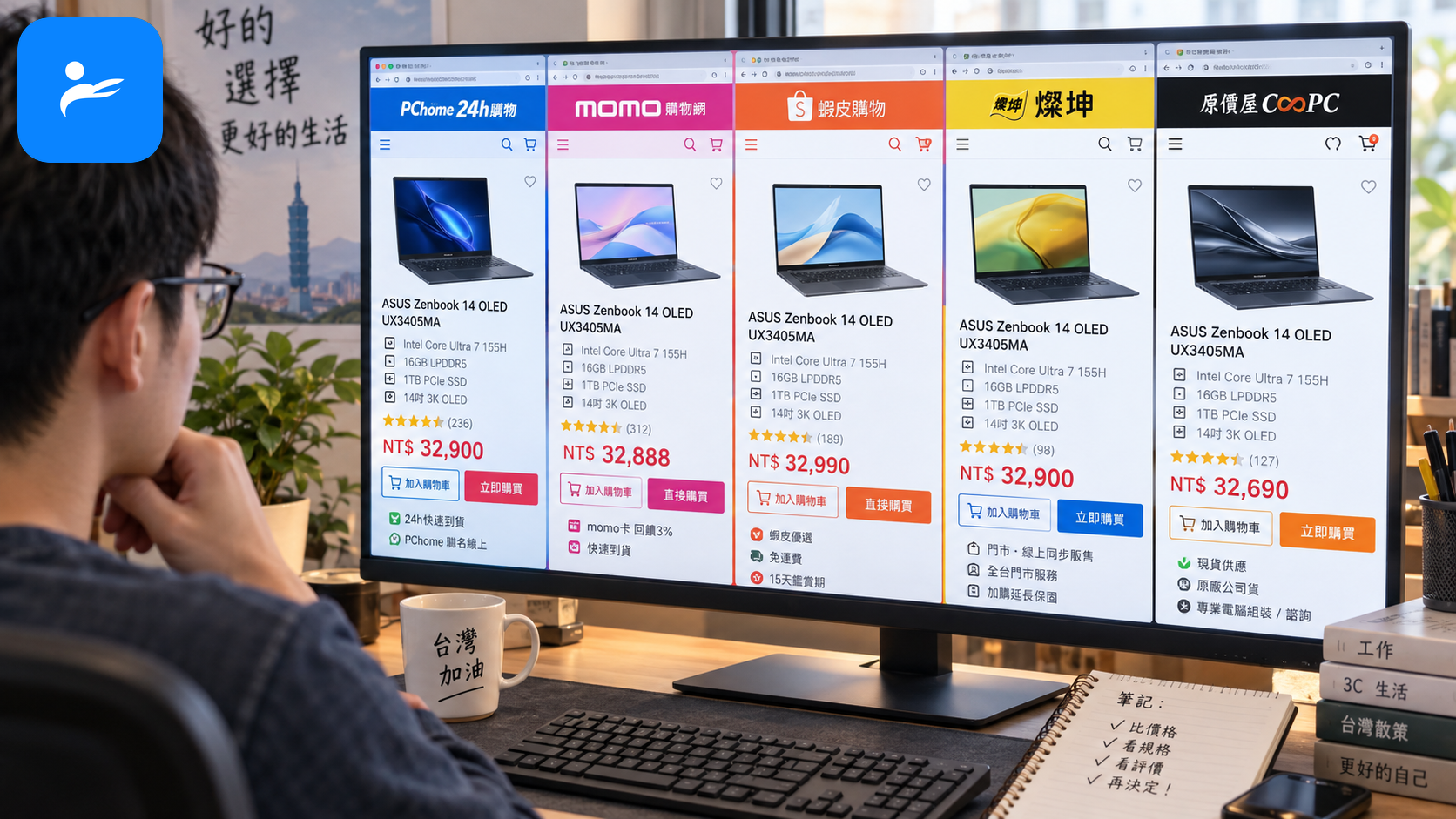 台灣消費者同時比較 PChome、momo、蝦皮、燦坤與原價屋的筆電商品頁