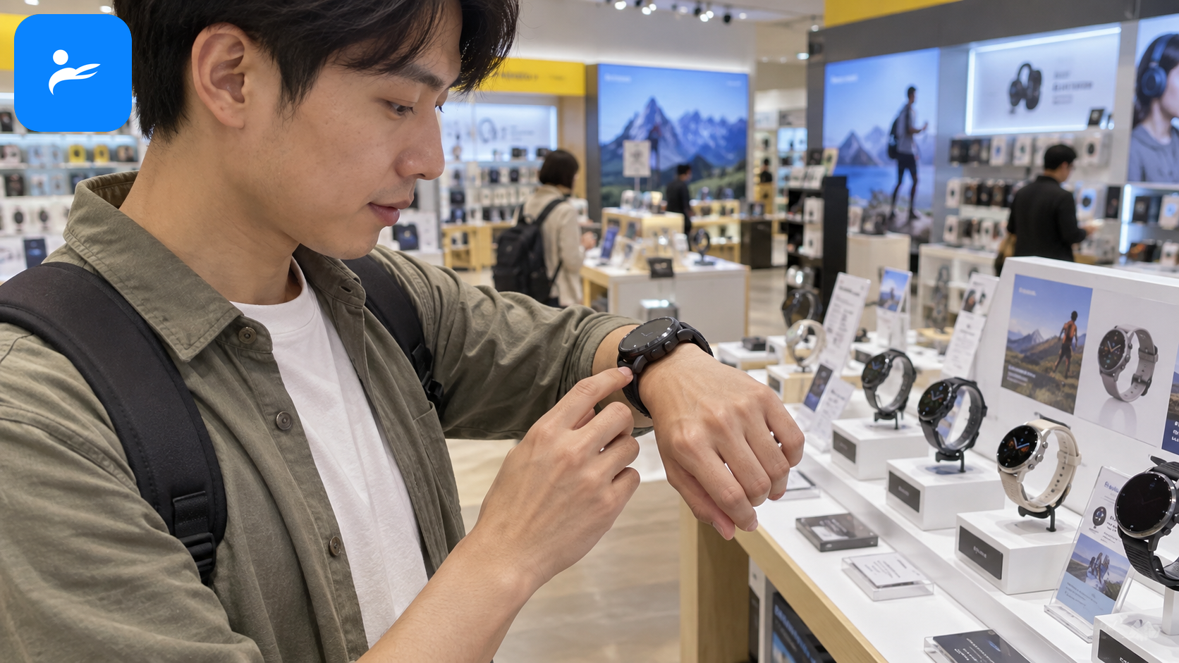 消費者在燦坤或品牌門市試戴智慧手錶,檢查腕圍、厚度與操作按鍵
