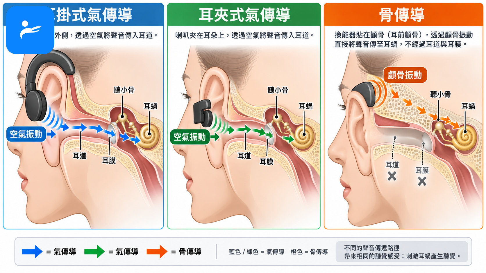 耳掛式氣傳導、耳夾式氣傳導與骨傳導耳機的聲音傳遞路徑示意圖
