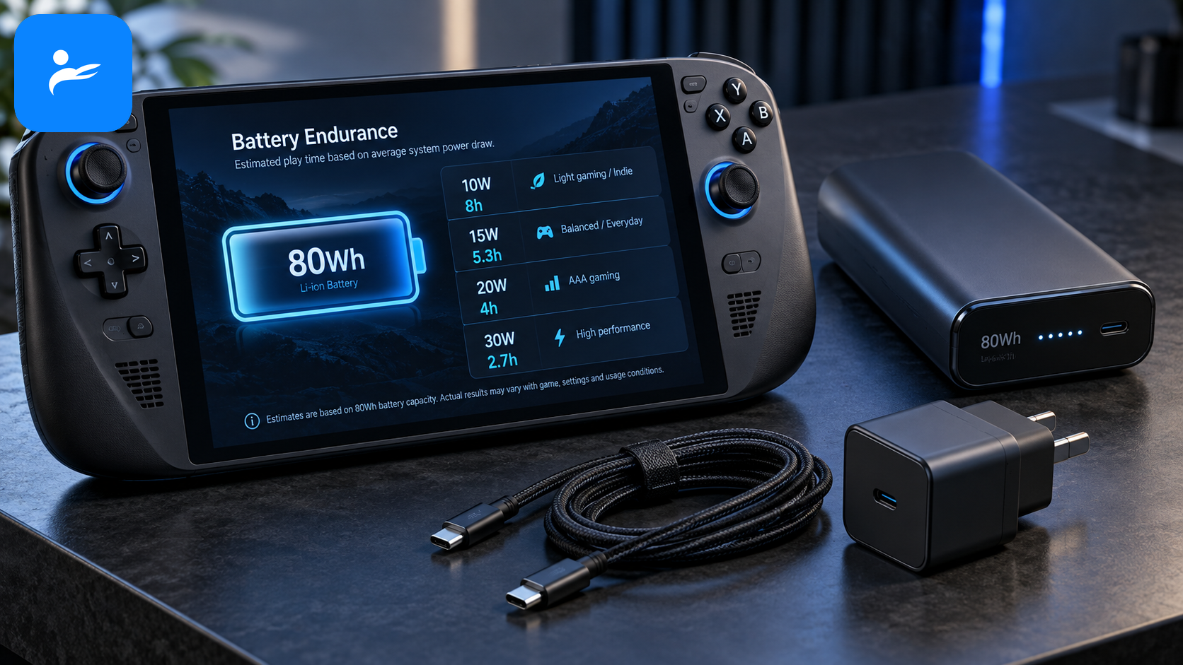 Windows 掌機旁放著行動電源與 USB-C 充電器,畫面顯示 80Wh 電池及不同功耗的續航估算