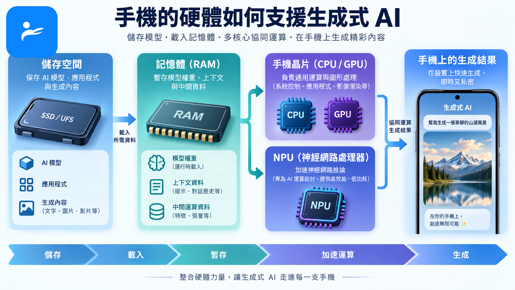 手機晶片、NPU、記憶體與儲存空間如何支援生成式 AI 的示意圖