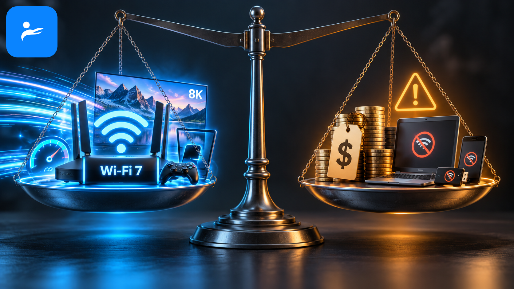 天平兩側分別呈現 Wi-Fi 7 的高速優點與成本相容性缺點
