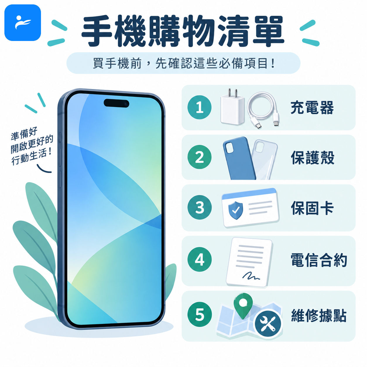 手機購物清單包含充電器、保護殼、保固卡、電信合約與維修據點