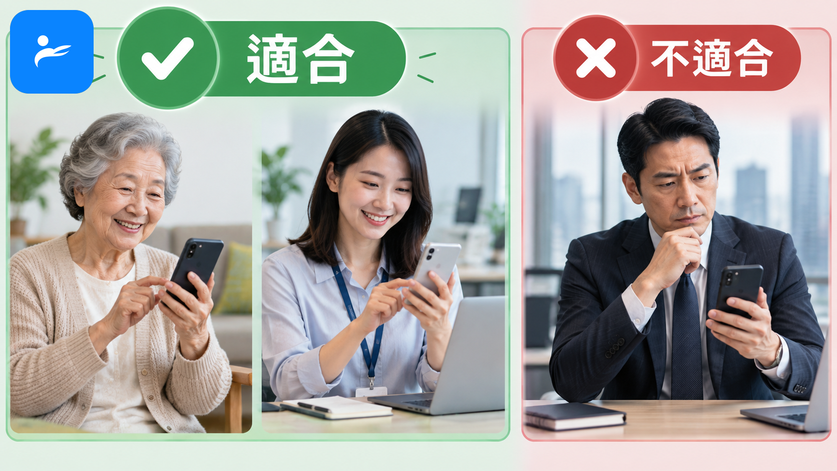 不同使用者族群拿著手機,包括長輩、一般上班族與企業使用者,呈現適合與不適合分類