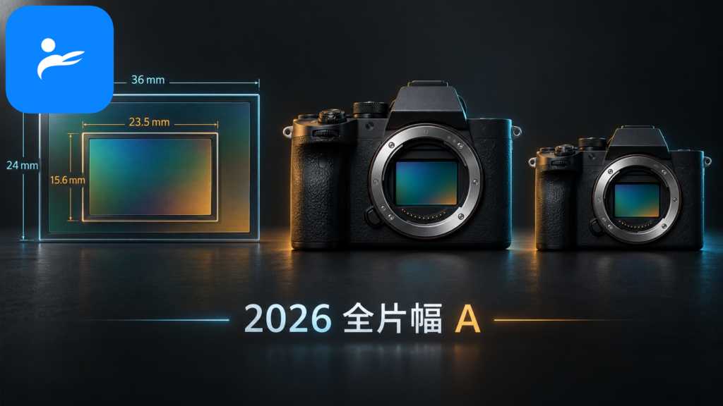 全片幅與 APS-C 感光元件尺寸疊圖，旁邊放置兩台無反相機比較比例