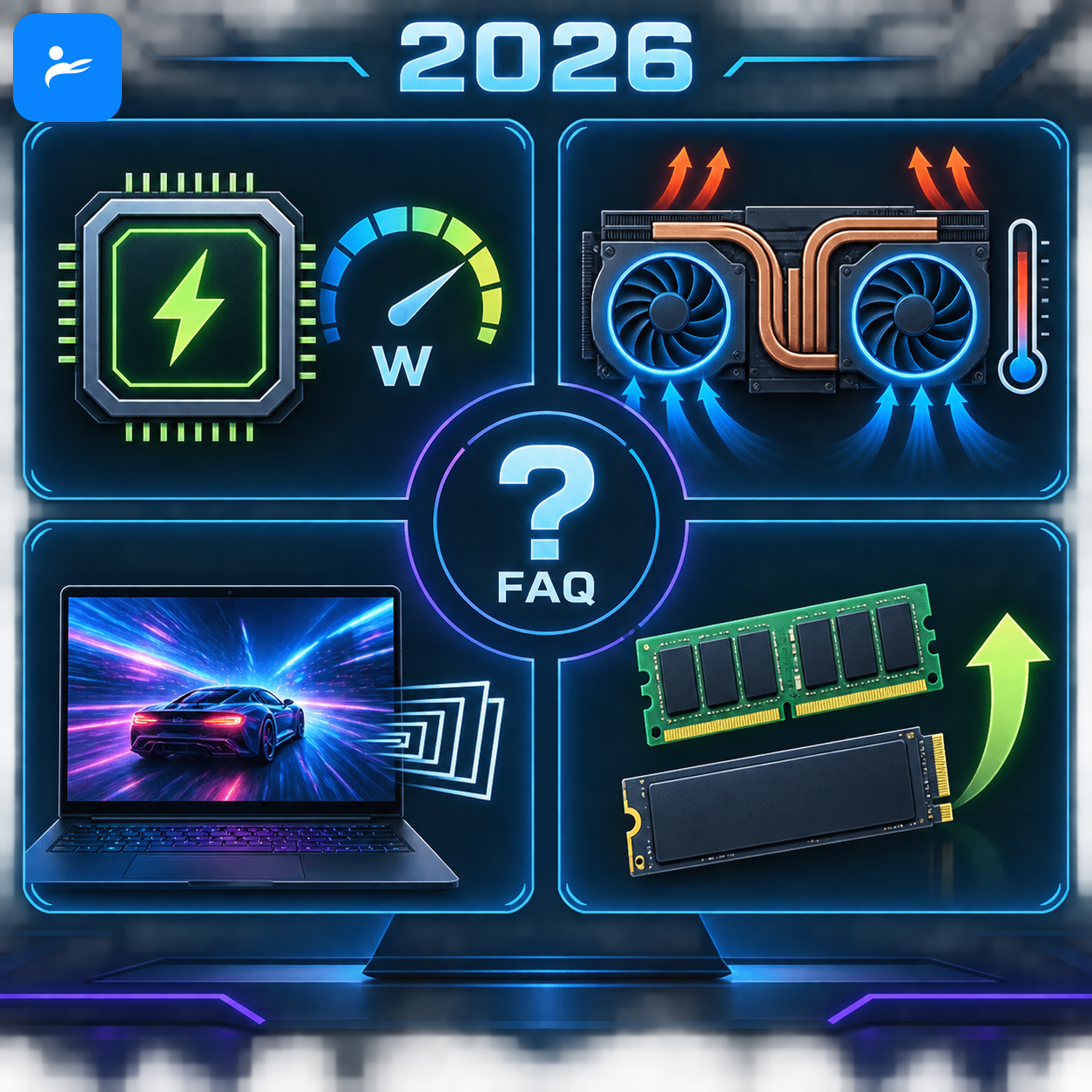 2026 遊戲筆電顯卡功耗、散熱、螢幕與升級問題的 FAQ 圖示集合