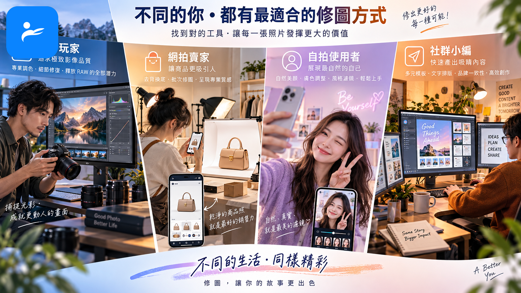 攝影玩家、網拍賣家、自拍使用者與社群小編分別選擇適合的修圖 App