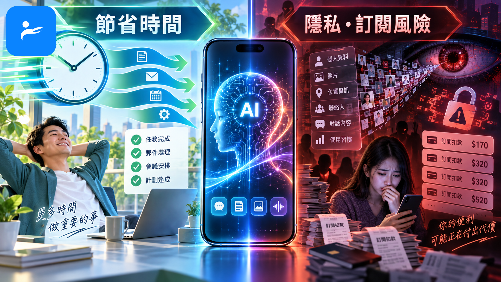 AI 手機左右兩側分別呈現節省時間的優點與隱私訂閱風險的缺點