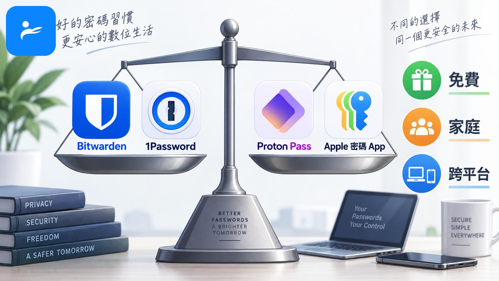 Bitwarden、1Password、Proton Pass 與 Apple 密碼 App 放在選擇天平上,旁邊標示免費、家庭與跨平台