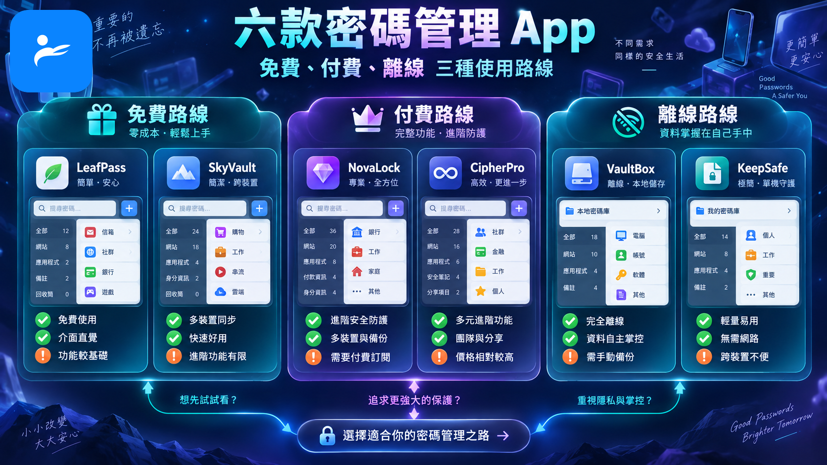 六款密碼管理 App 的介面卡片與優缺點符號,呈現免費、付費及離線三種使用路線