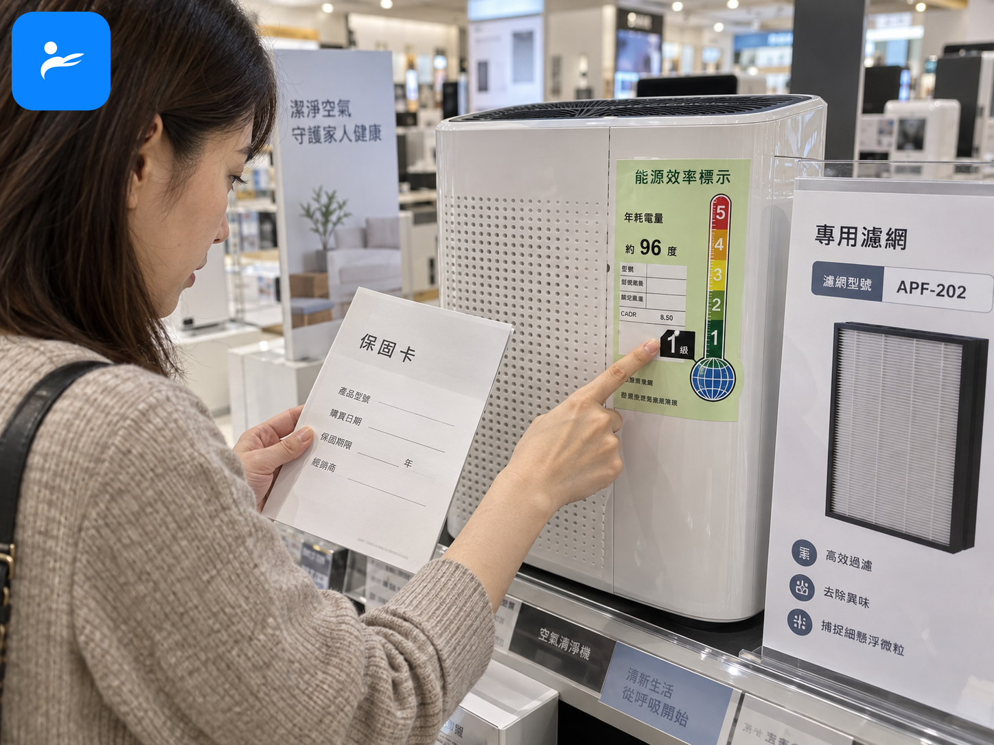 消費者在賣場核對空氣清淨機能源標示、保固卡與濾網型號