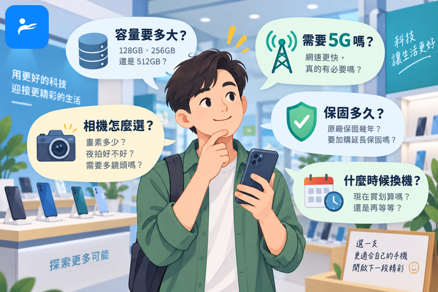 消費者拿著手機提出容量、5G、相機、保固與換機時機等常見問題