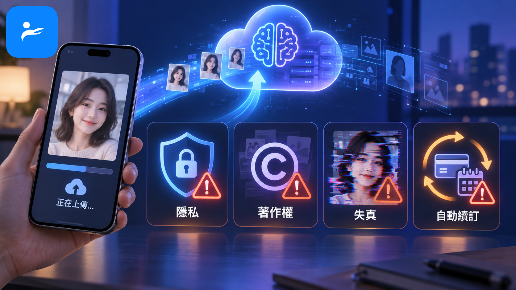 手機將人像照片上傳雲端 AI 處理，旁邊顯示隱私、著作權、失真與自動續訂警示
