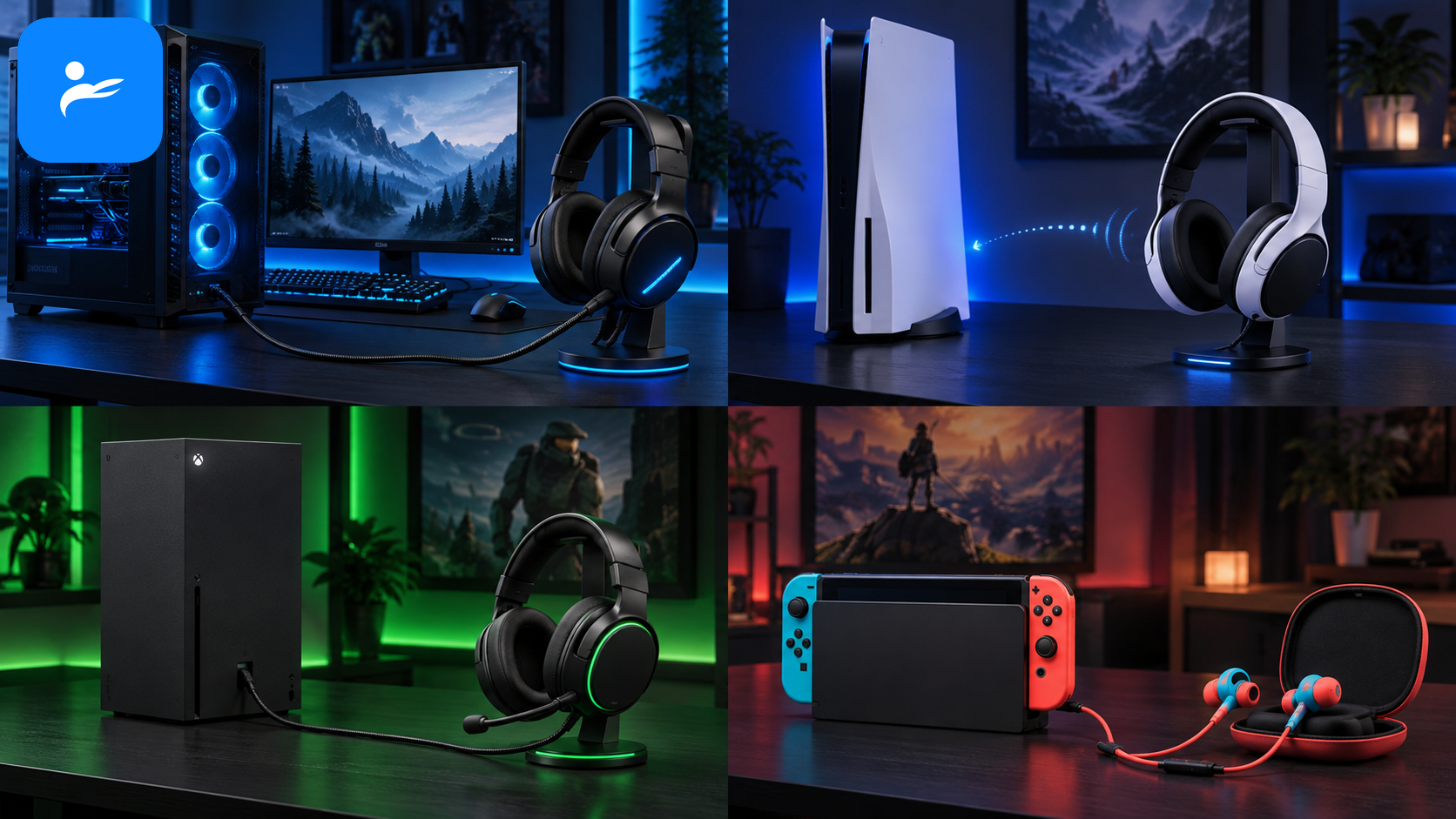 PC、PlayStation 5、Xbox Series X與Nintendo Switch連接不同遊戲耳機的示意圖