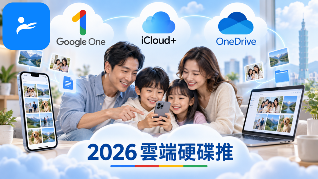 Google One、iCloud+ 與 OneDrive 三個雲端服務圖示,搭配手機、筆電和家庭共享情境