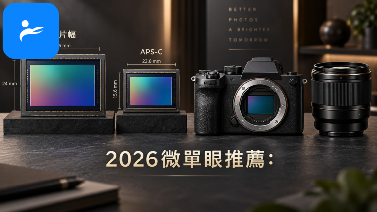 APS-C 與全片幅感光元件尺寸並排比較,旁邊放置微單眼相機與鏡頭