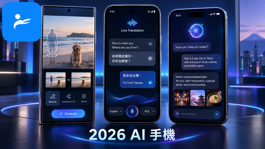Samsung Galaxy、Google Pixel 與 iPhone 顯示修圖、翻譯及 AI 助理畫面的比較圖