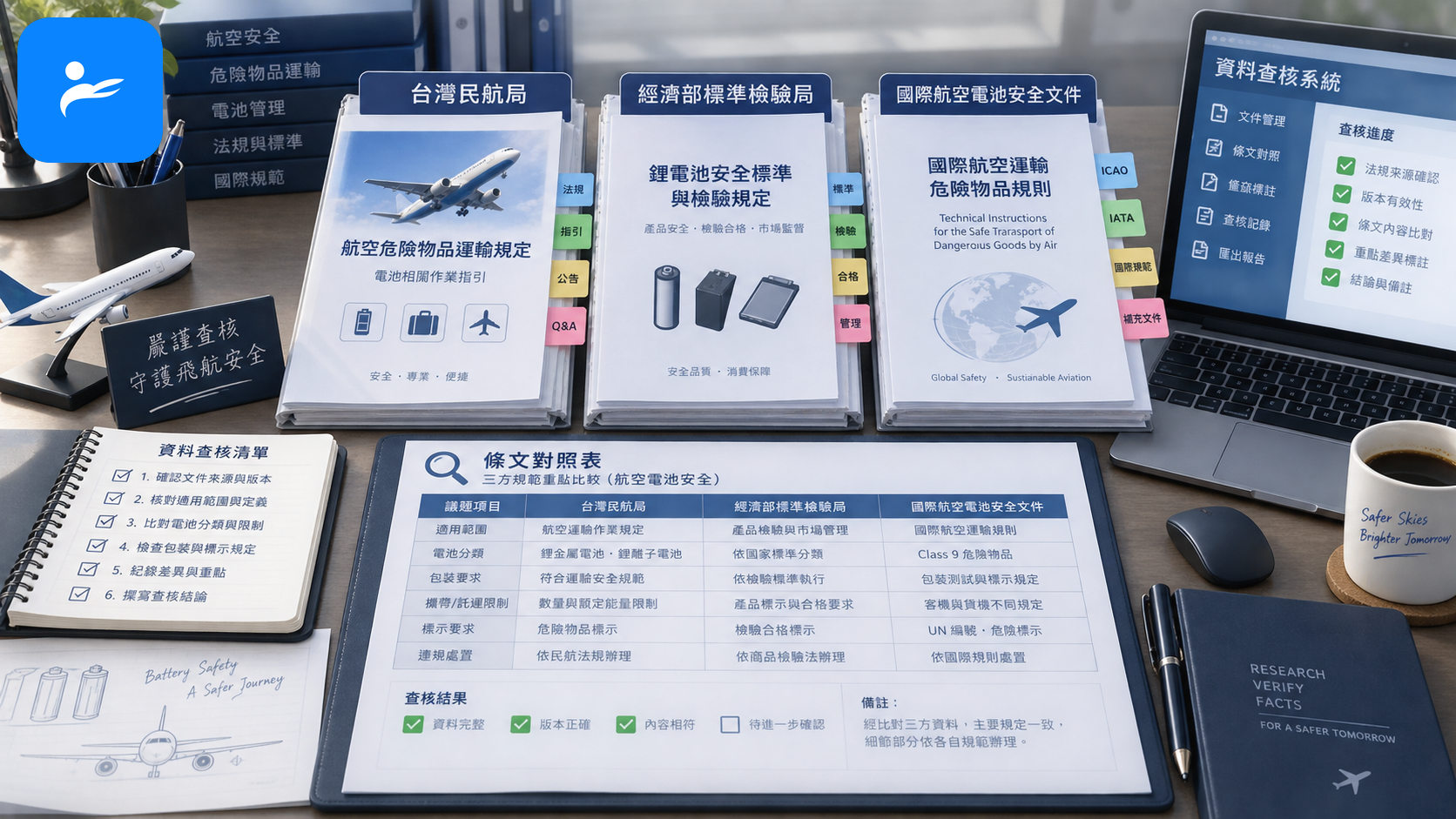 台灣民航局、經濟部標準檢驗局與國際航空電池安全文件整齊排列的資料查核畫面
