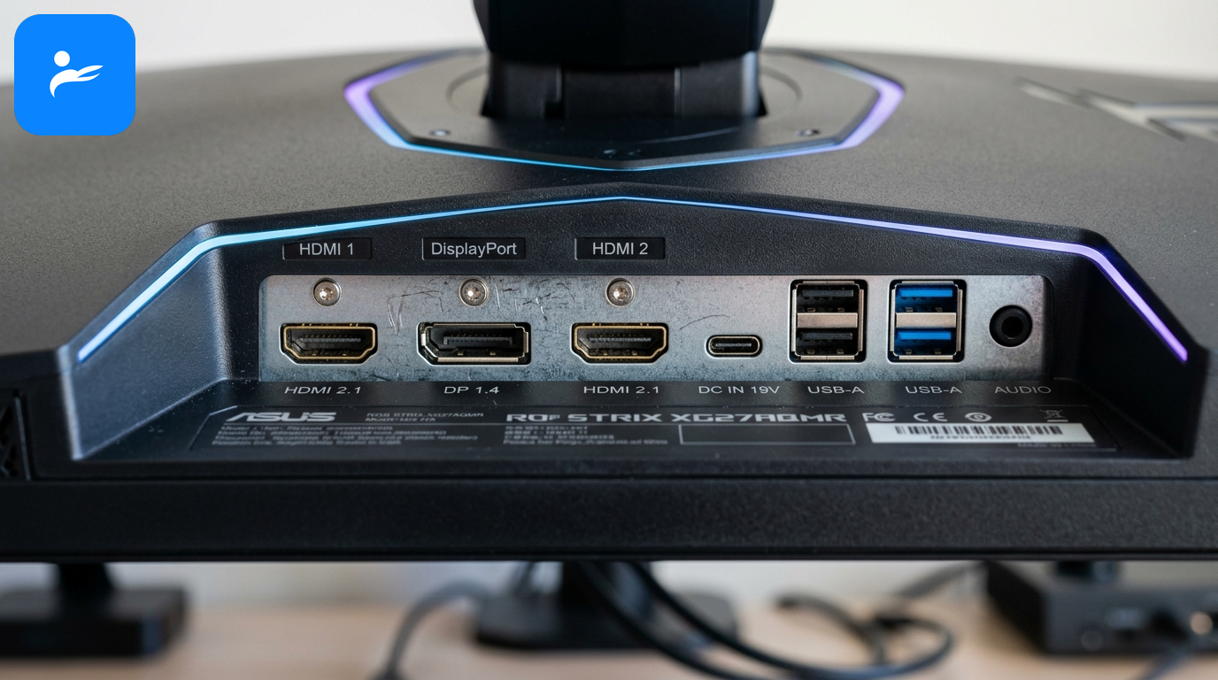 電競螢幕背部連接埠特寫,顯示 HDMI 2.1 與 DisplayPort 傳輸線插槽