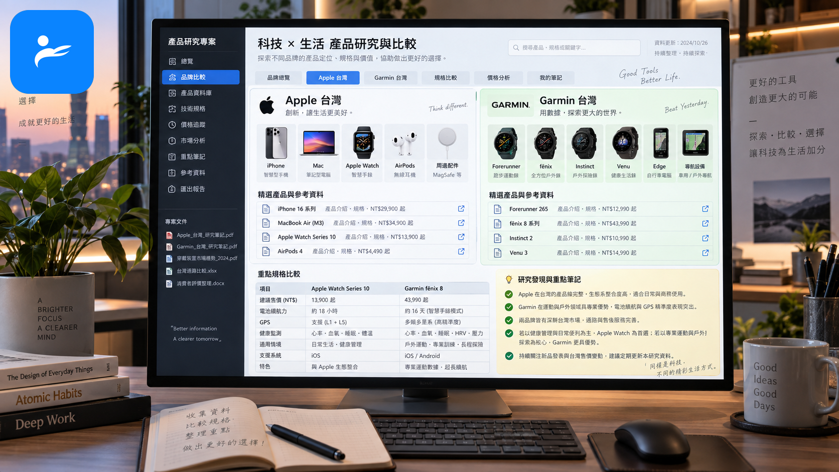Apple 台灣與 Garmin 台灣官方產品頁、技術規格及價格資料的文件整理畫面