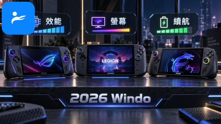 ROG、Lenovo 與 MSI Windows 電競掌機並排展示，畫面標示效能、螢幕與續航三個比較重點