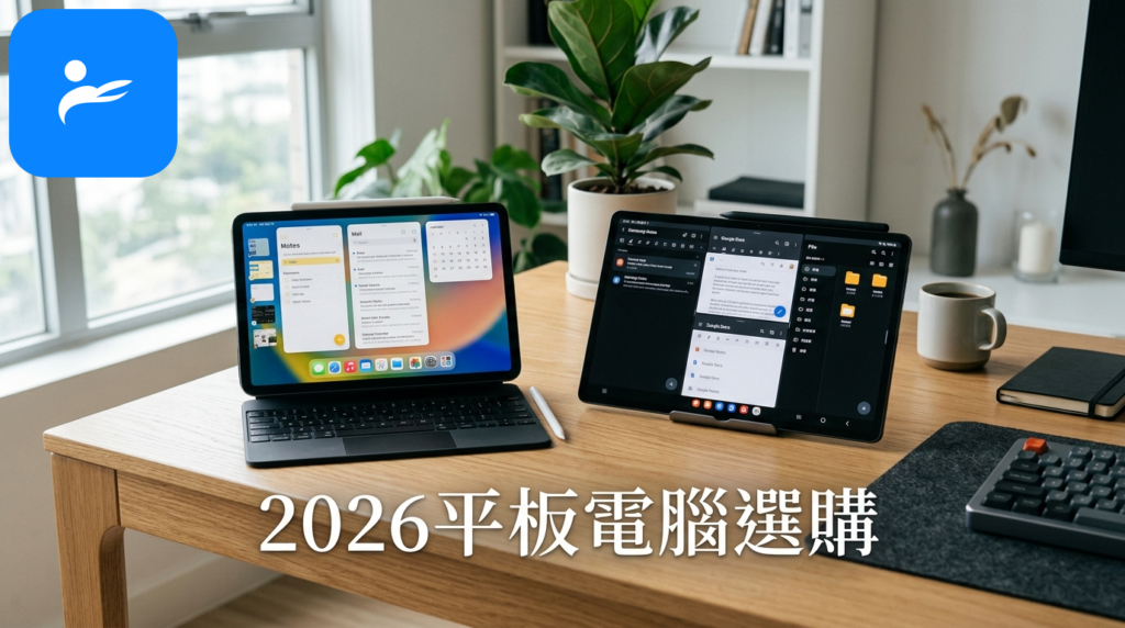 現代極簡書桌上擺放著 iPad 與 Samsung Galaxy Tab 平板,螢幕各自顯示著不同工作介面