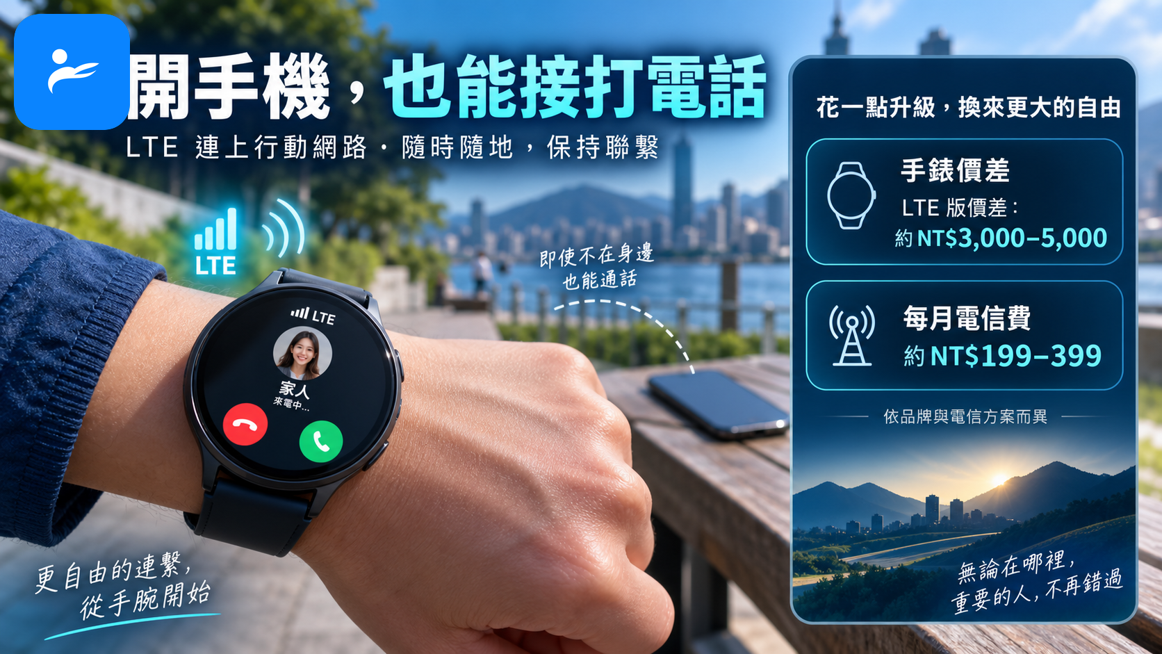 LTE 智慧手錶離開手機仍能通話,旁邊列出手錶價差與每月電信費