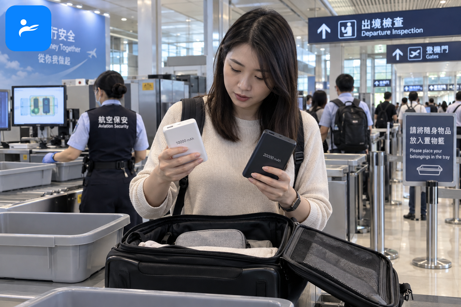 台灣機場安檢處，旅客將兩個行動電源放入隨身行李並確認容量標示