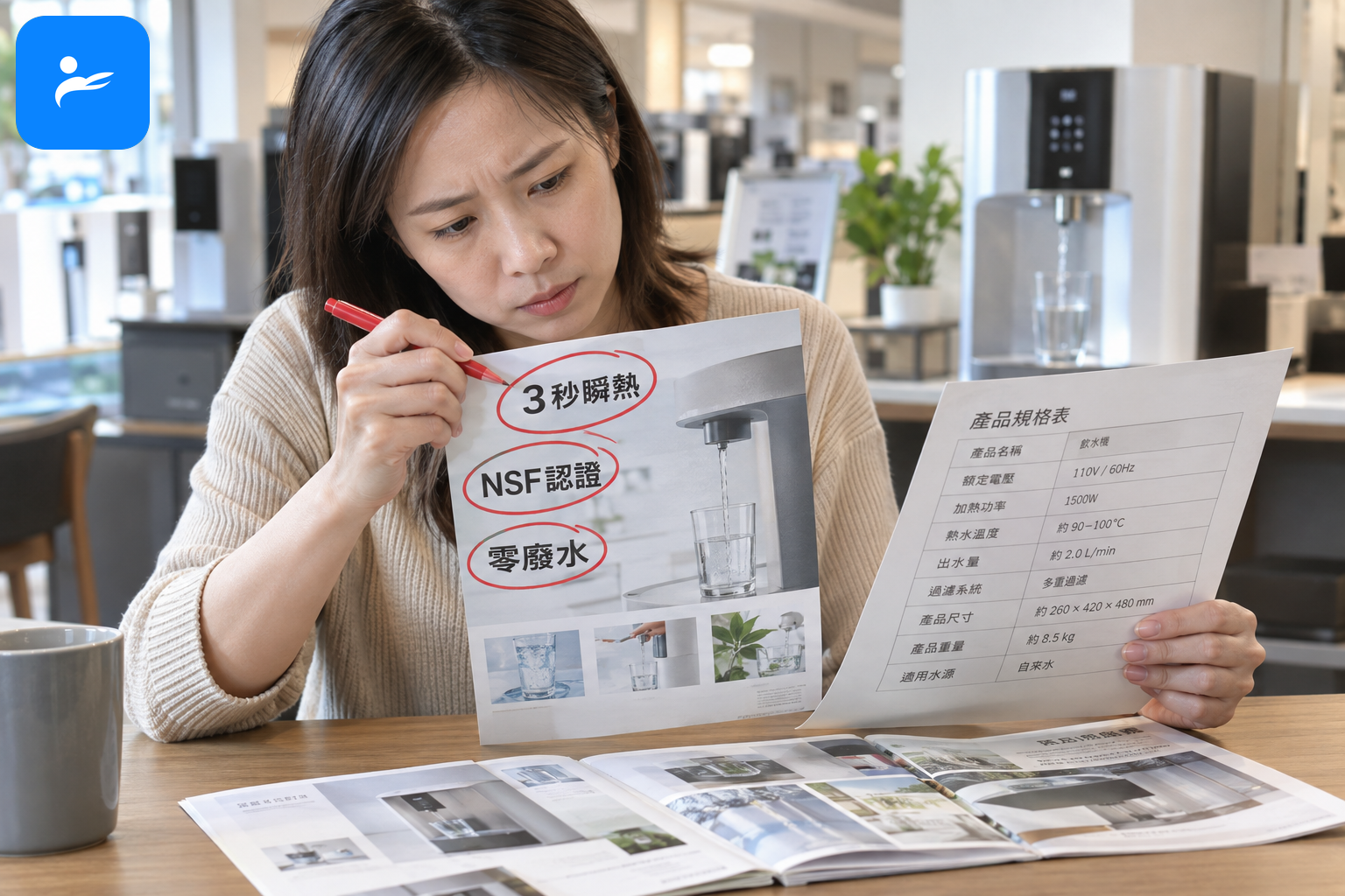 消費者查看飲水機廣告與規格表，圈出3秒瞬熱、NSF認證、零廢水等容易誤解的宣傳詞
