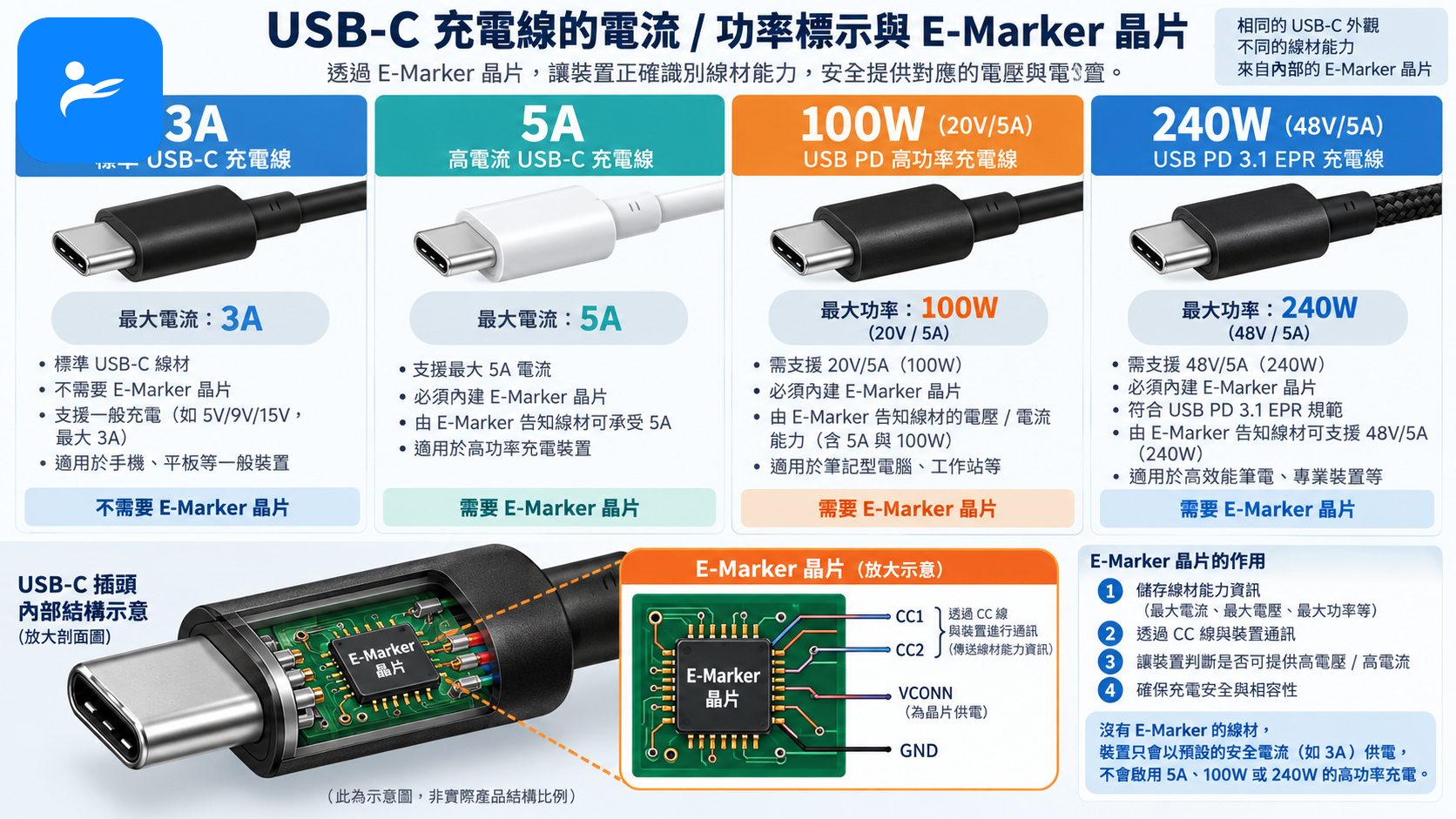 3A、5A、100W與240W USB-C充電線標示及E-Marker晶片示意圖