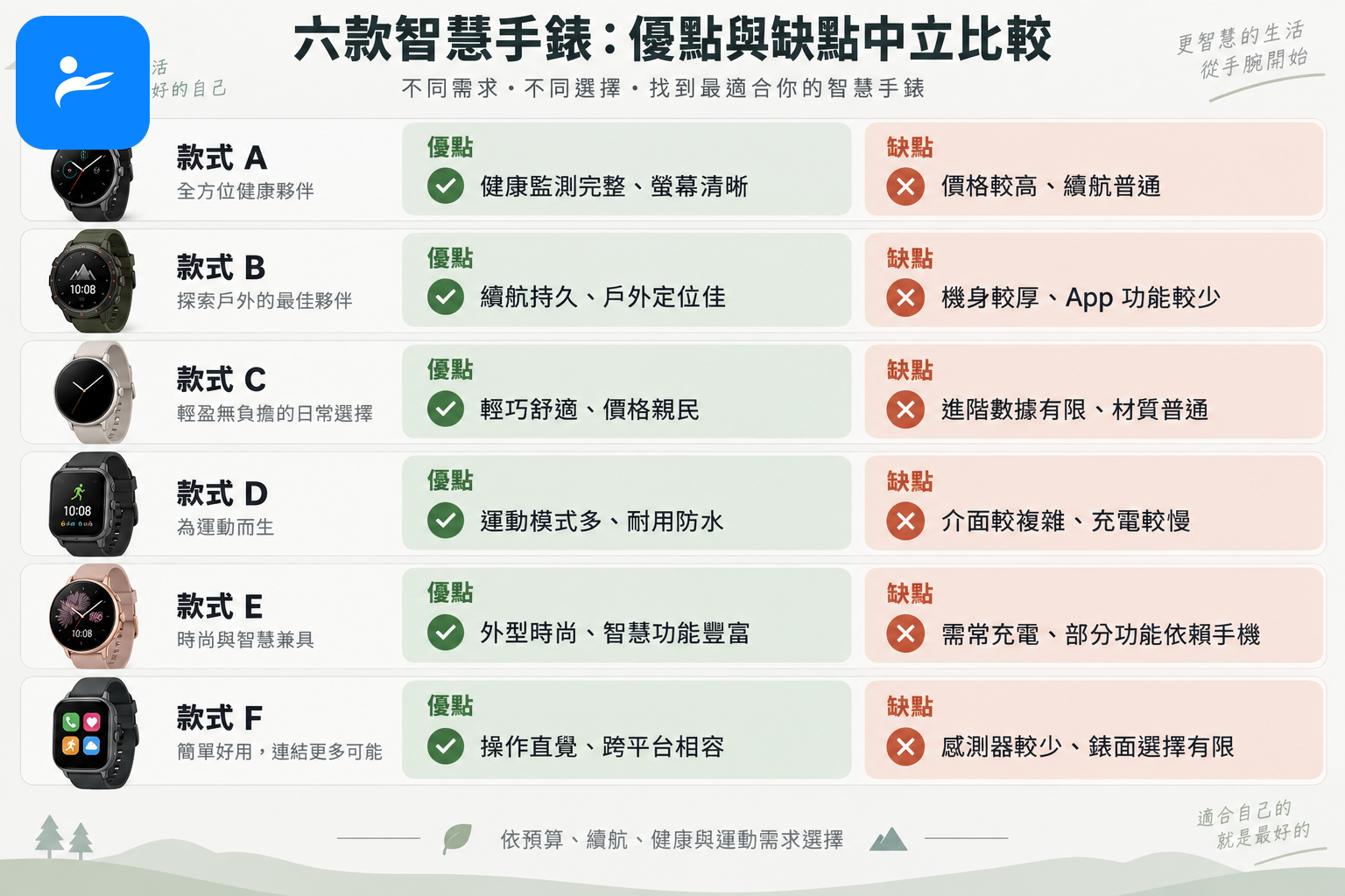 六款智慧手錶分成優點與缺點兩欄,呈現中立的選購比較