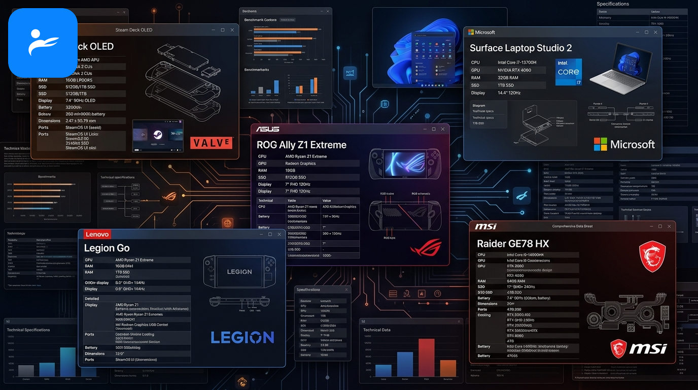 Valve、Microsoft、ASUS、Lenovo與MSI官方產品資料頁組成的資料來源拼貼
