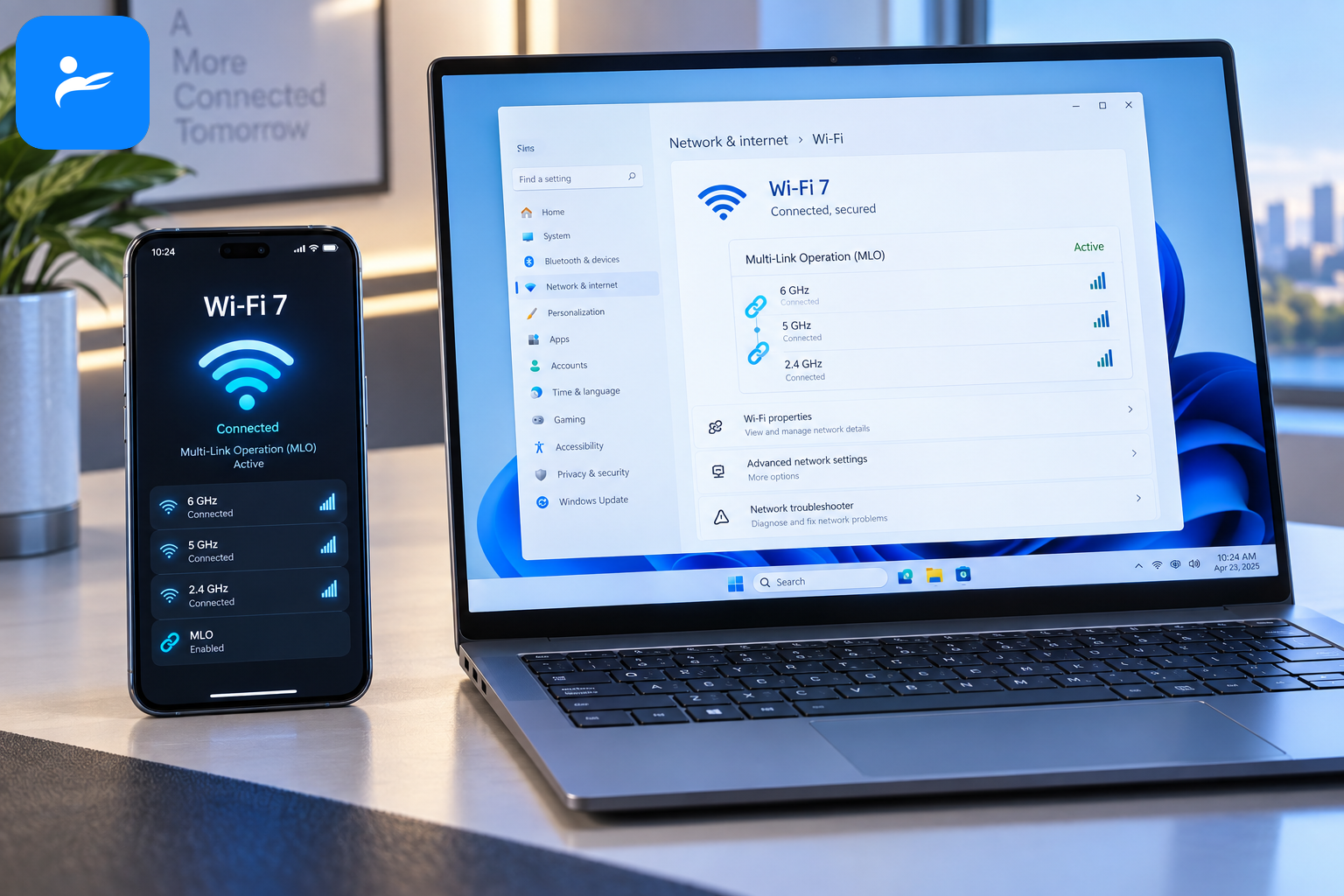 手機與 Windows 筆電畫面顯示 Wi-Fi 7、6GHz 與 MLO 連線資訊