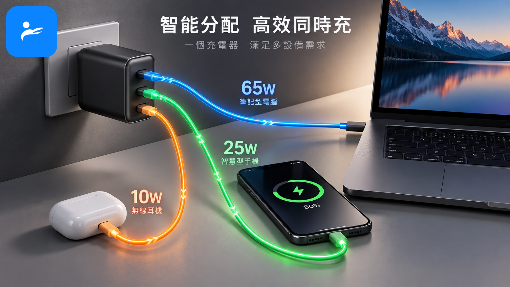 三孔 GaN 充電器連接筆電手機與耳機並顯示不同瓦數分流