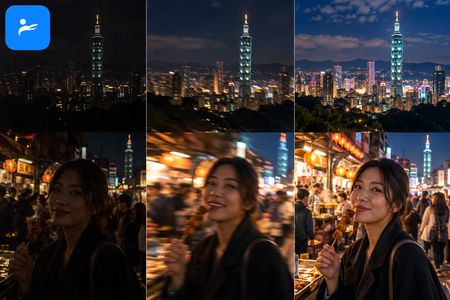台北夜景與夜市人像對照,展示大感光元件、光學防手震和夜景演算法的差異