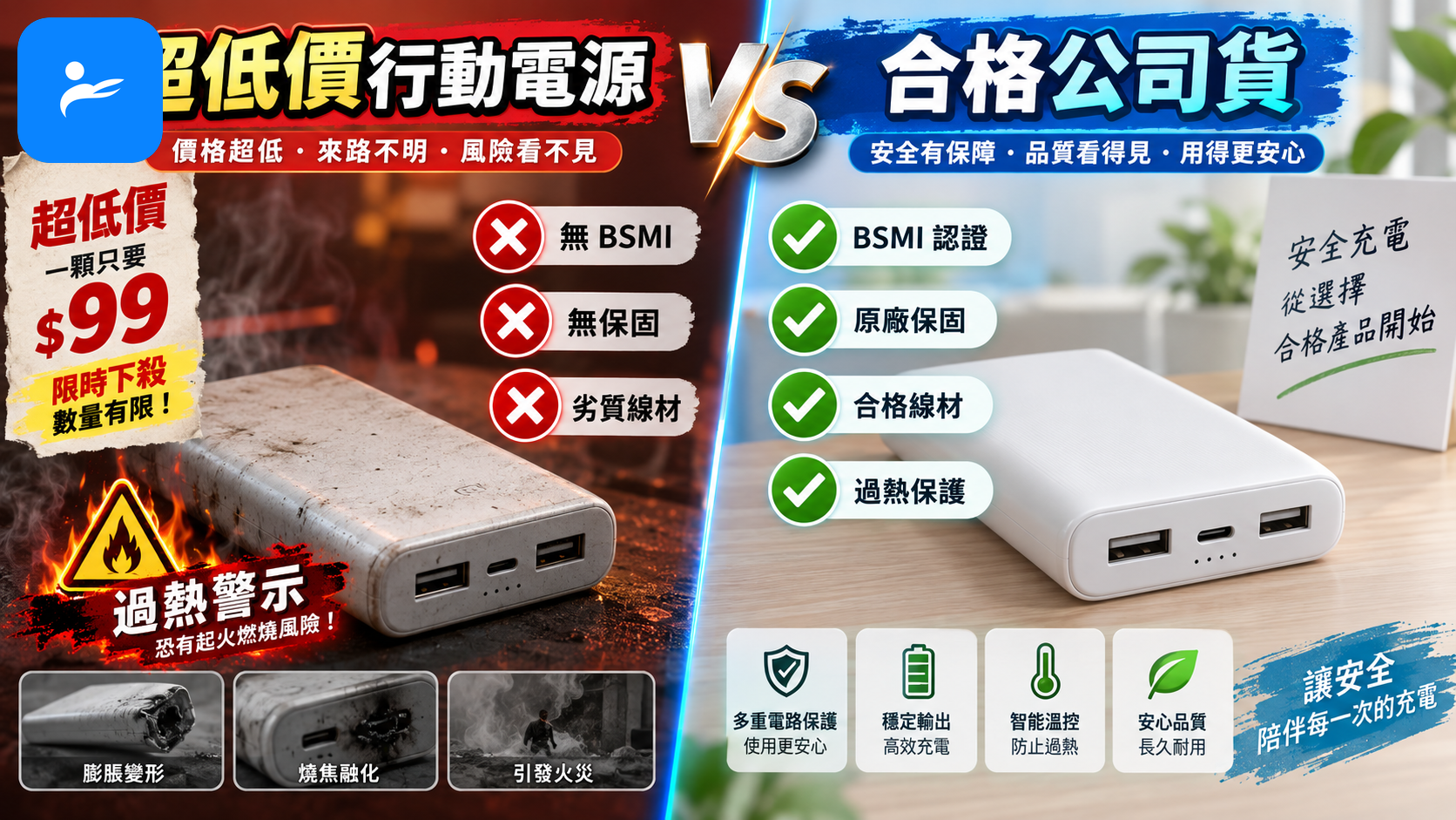 網購頁面的超低價行動電源與合格公司貨對比,標示 BSMI、保固、線材及過熱警示